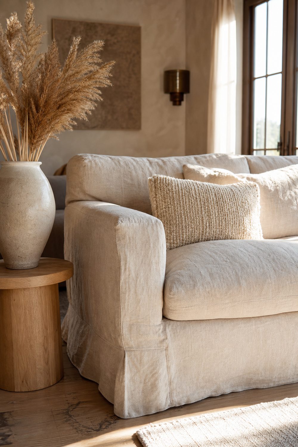 Oatmeal washed linen boho slipcover on a sofa with relaxed wrinkles, pampas grass in ceramic vase, light oak floor