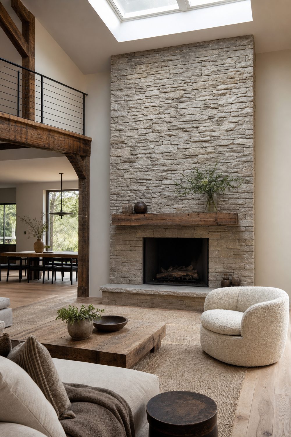 Floor-to-ceiling natural limestone fireplace accent wall in a great room, reclaimed wood mantel, boucle chair, bright even light
