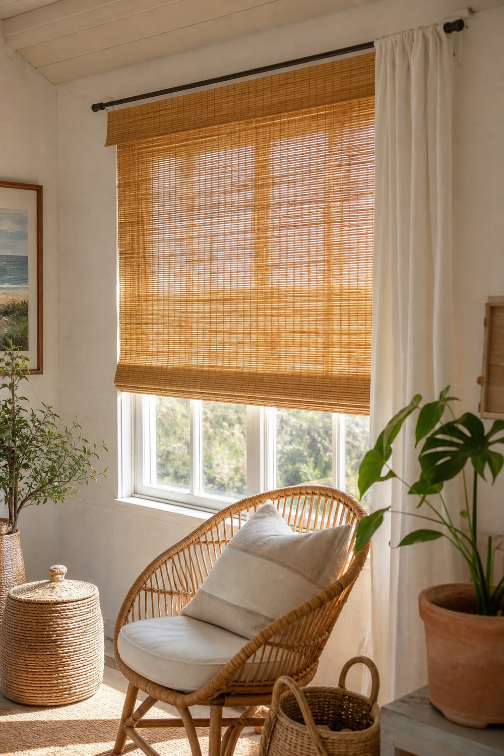 Natural honey toned woven bamboo coastal shades with a white side panel in a bright sunroom corner with a rattan chair and plants