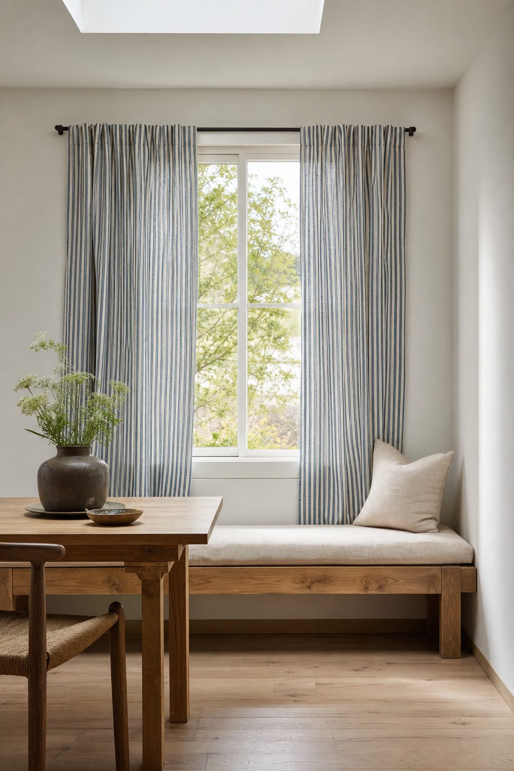 Faded navy and white nautical striped coastal curtains framing a window in a calm breakfast nook with an oak bench and linen cushion