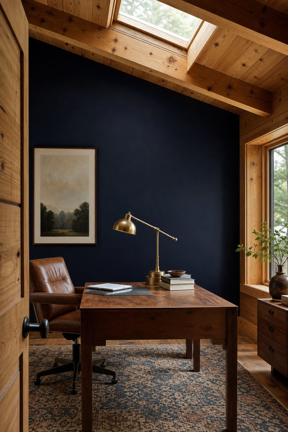 Navy blue accent wall with knotty pine ceiling beams and trim in a home office with a brass lamp