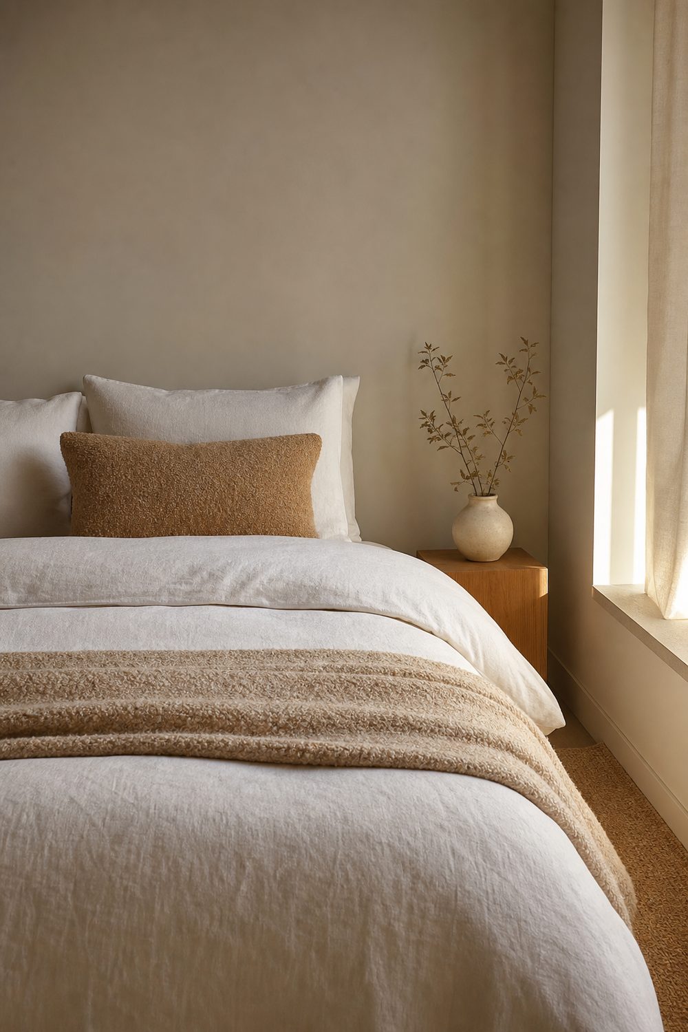 Neutral dorm bedding with a warm white matte duvet, oatmeal wool blanket, and a camel boucle accent pillow