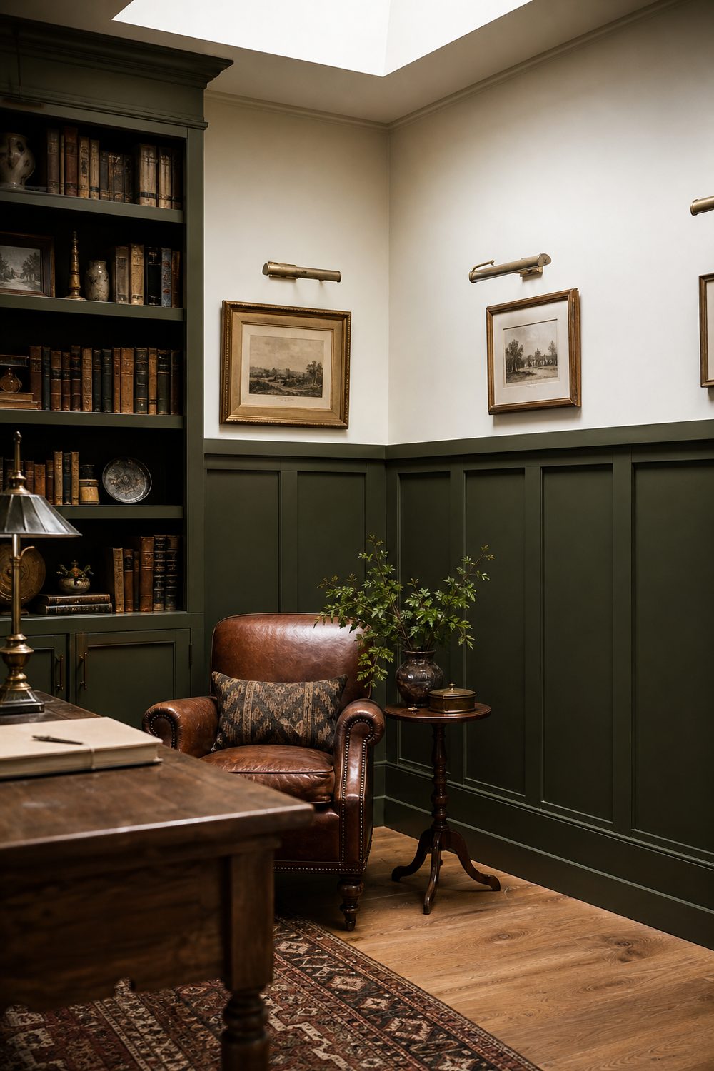 Olive green painted Craftsman wainscoting in a study with creamy upper walls, brass picture lights, oak floors, and leather chair