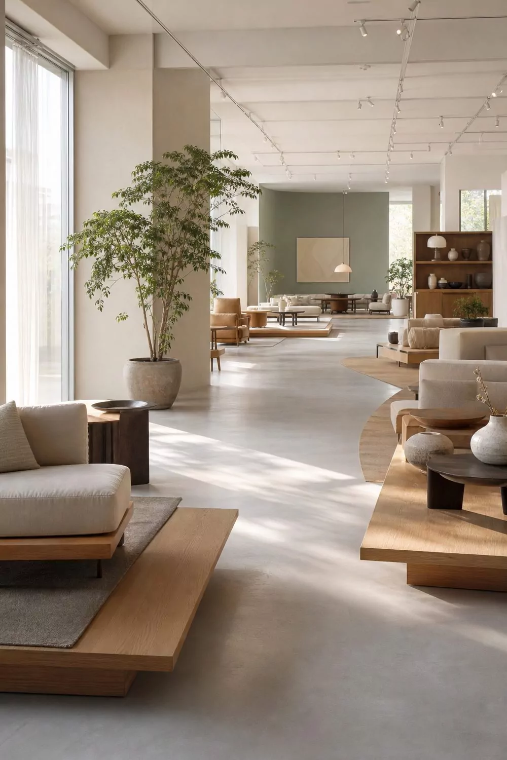 Wide showroom interior with an open flowing floor layout, clear walking paths between low display platforms and generous negative space