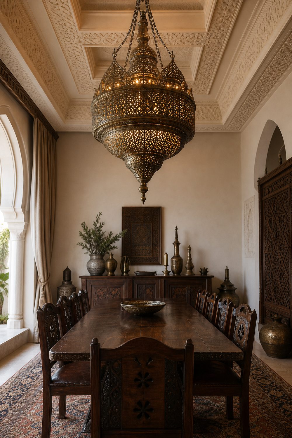 Large ornate antique brass chandelier with pierced filigree hung over a long dark wood dining table under a carved ceiling