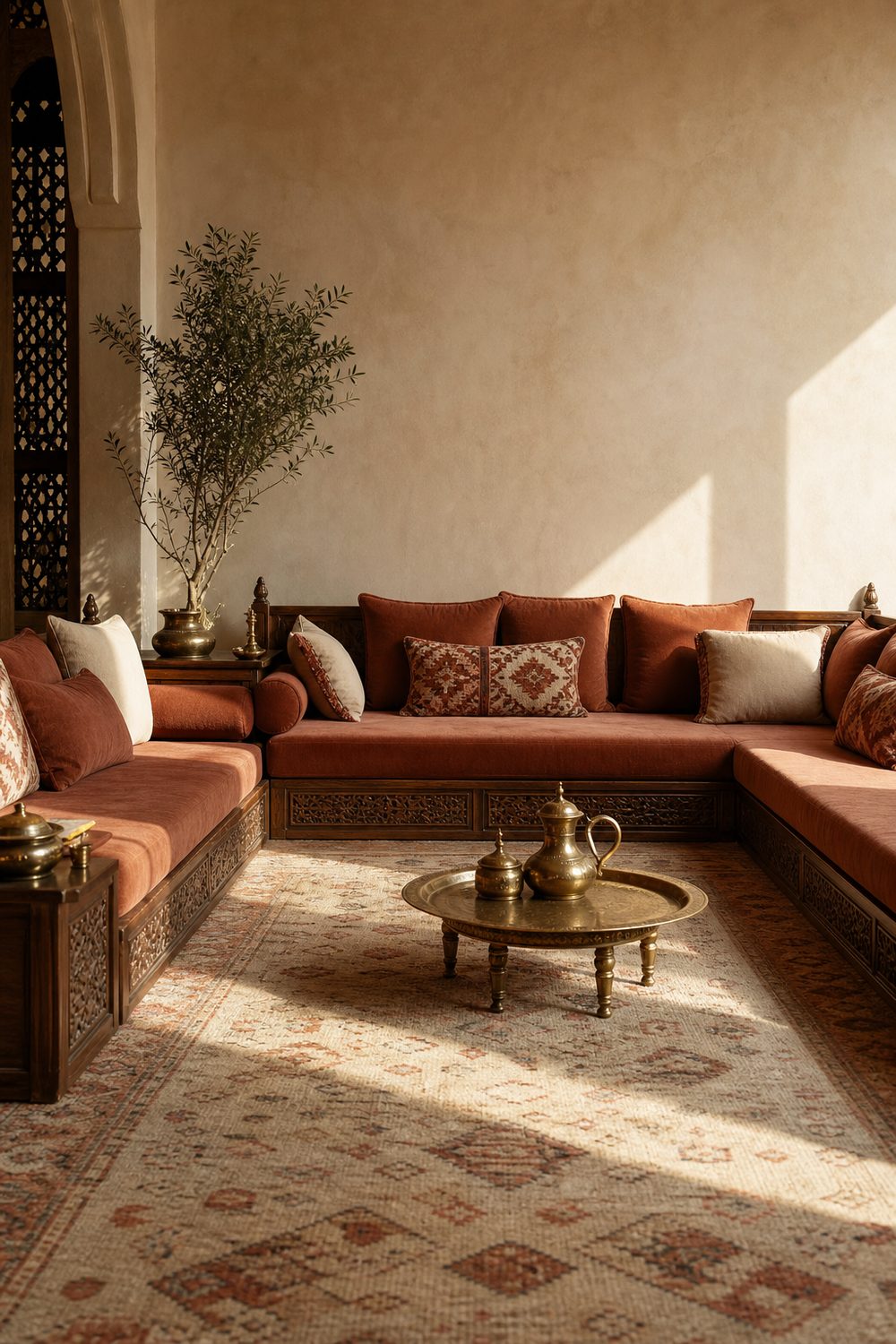 Low carved walnut majlis banquette with terracotta and cream cushions around a brass tray table in an Arabian sitting room