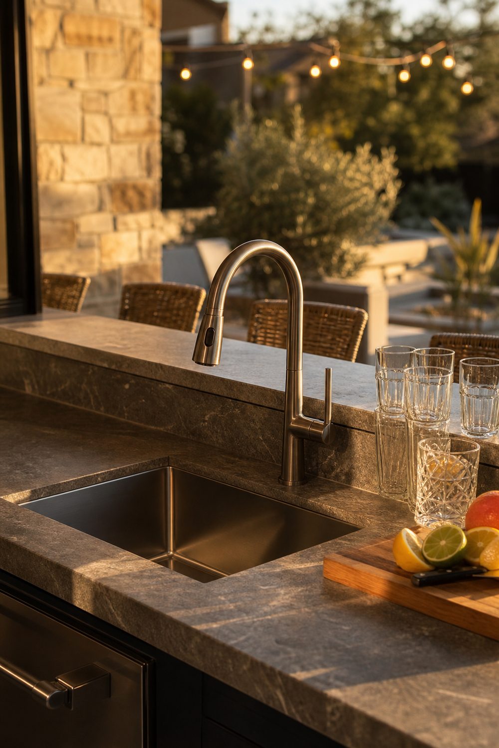 Stainless outdoor bar prep sink in a stone counter with a pull-down spray faucet, glassware and citrus at golden hour