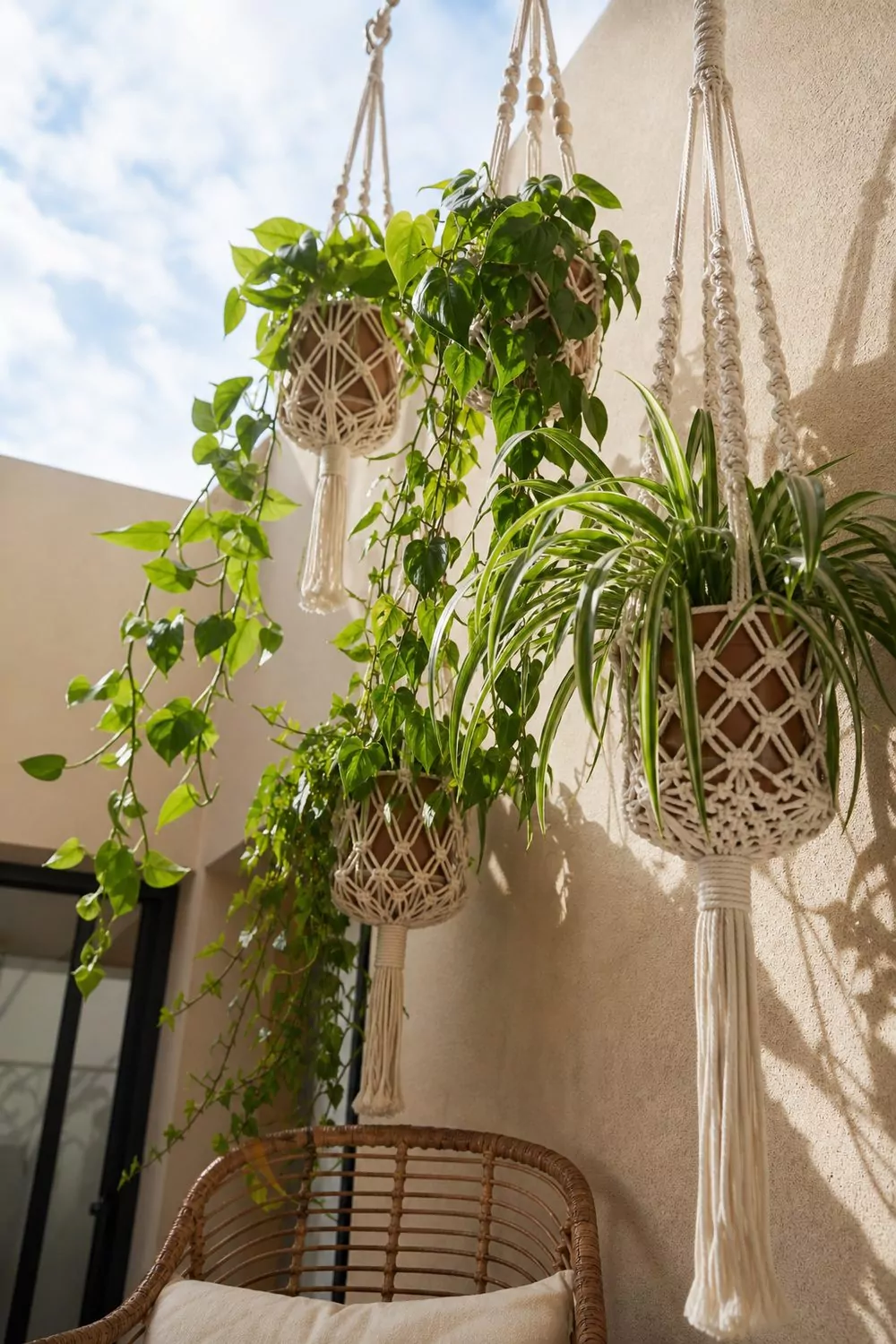 Several cream macrame hanging planters overhead in a boho balcony corner with trailing pothos and spider plants spilling down