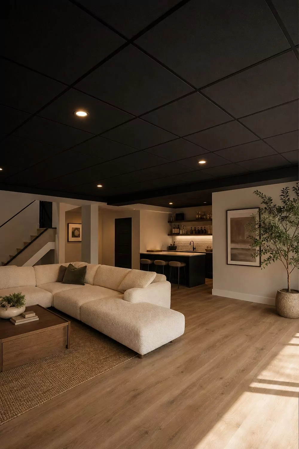 Finished basement with a matte black painted drop ceiling, light walls, warm oak flooring, and warm recessed lights