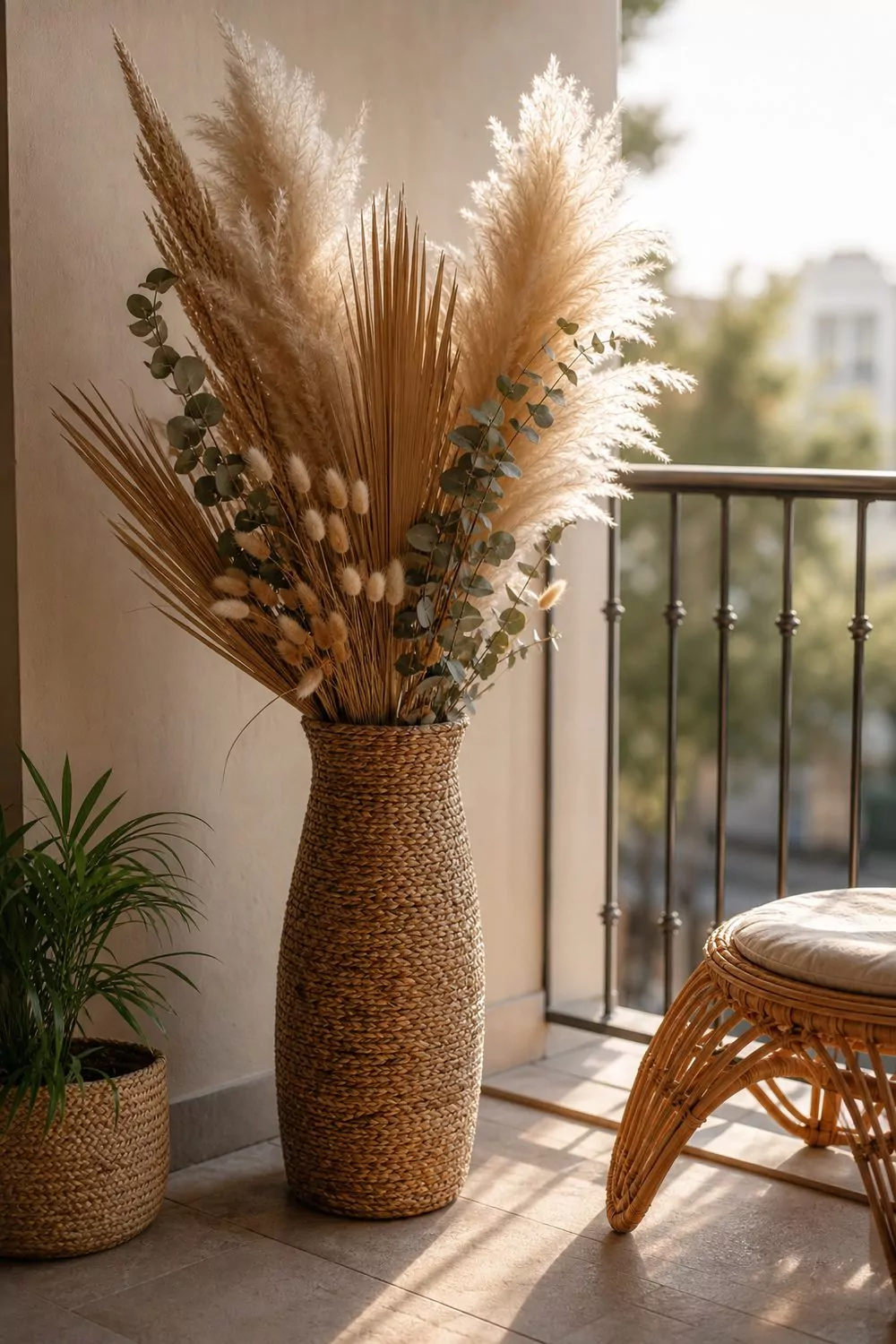 A tall woven floor vase of feathery pampas grass, dried palm spears, bunny tails and preserved eucalyptus in a boho balcony corner