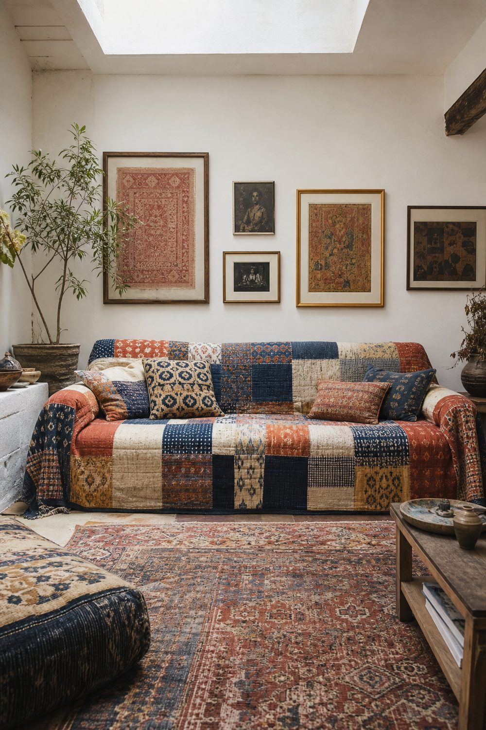 Handmade patchwork boho couch cover in rust, indigo, cream and faded gold squares with layered vintage rugs