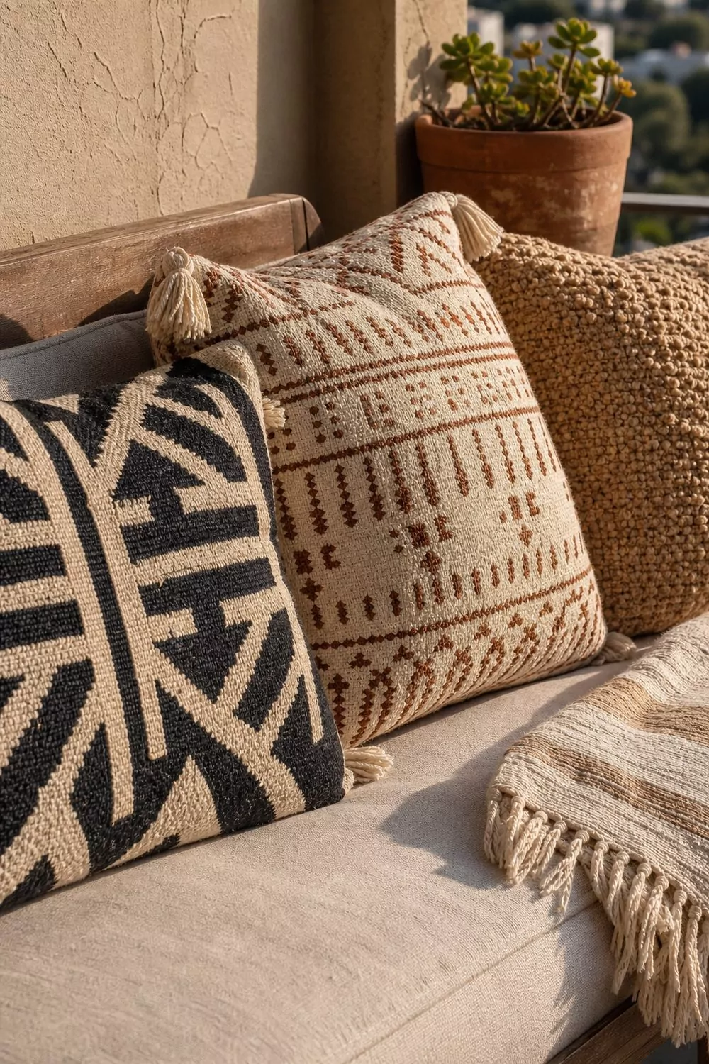 A mix of geometric, block-print and solid-texture throw pillows on a boho balcony bench with a fringed cream throw