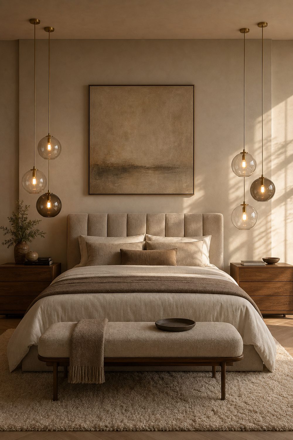 Cluster of glass pendants hung at staggered heights over two flanking nightstands beside a bed in a custom bedroom