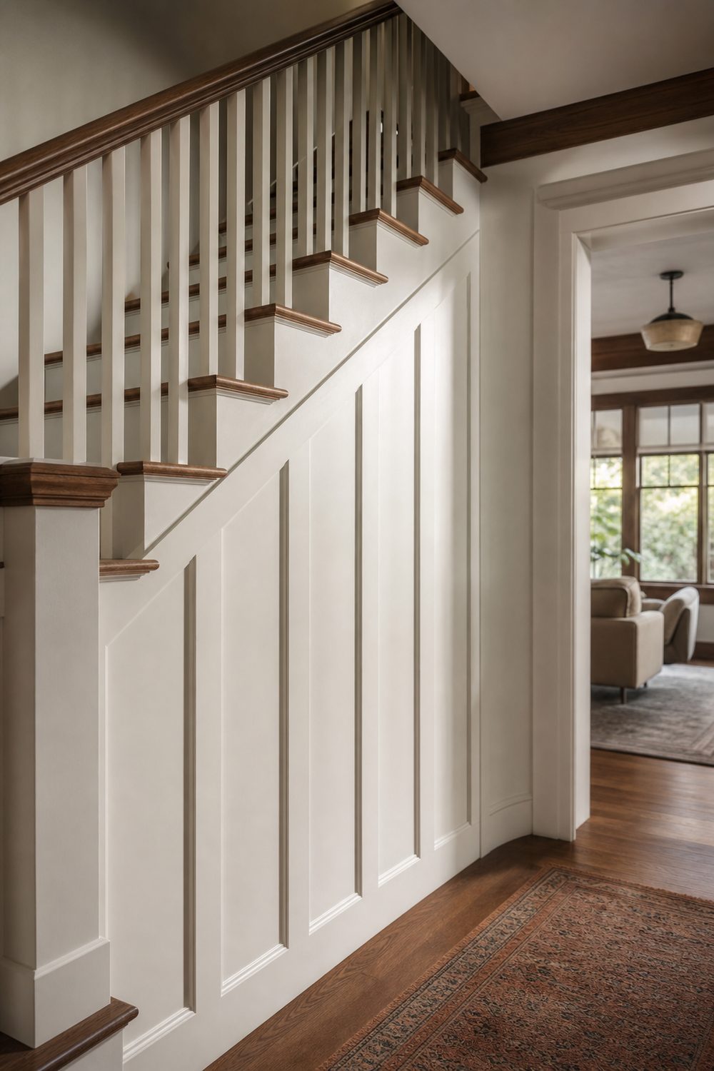 Picture frame box Craftsman wainscoting along a stair hall with tall narrow white painted boxes aligned to the staircase