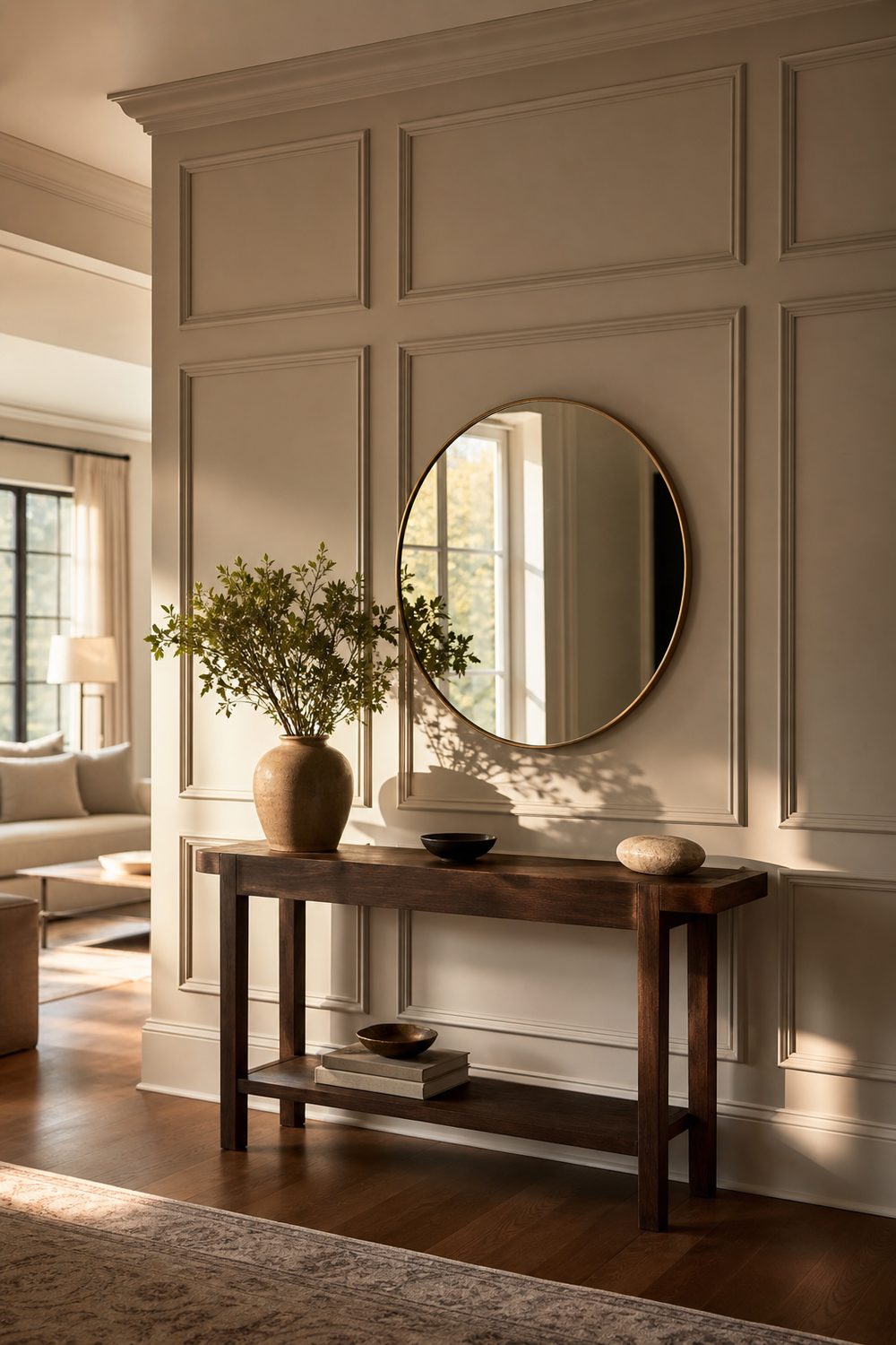Greige picture frame molding accent wall in an elegant entryway, symmetrical box trim, console table, round mirror, warm light
