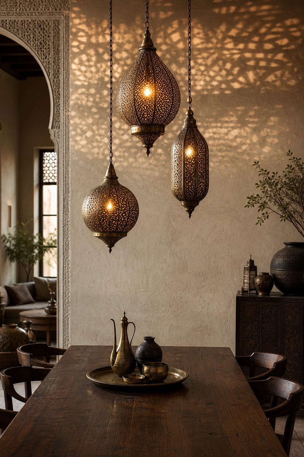 Three pierced brass pendant lanterns at staggered heights casting intricate patterned light on a plaster wall