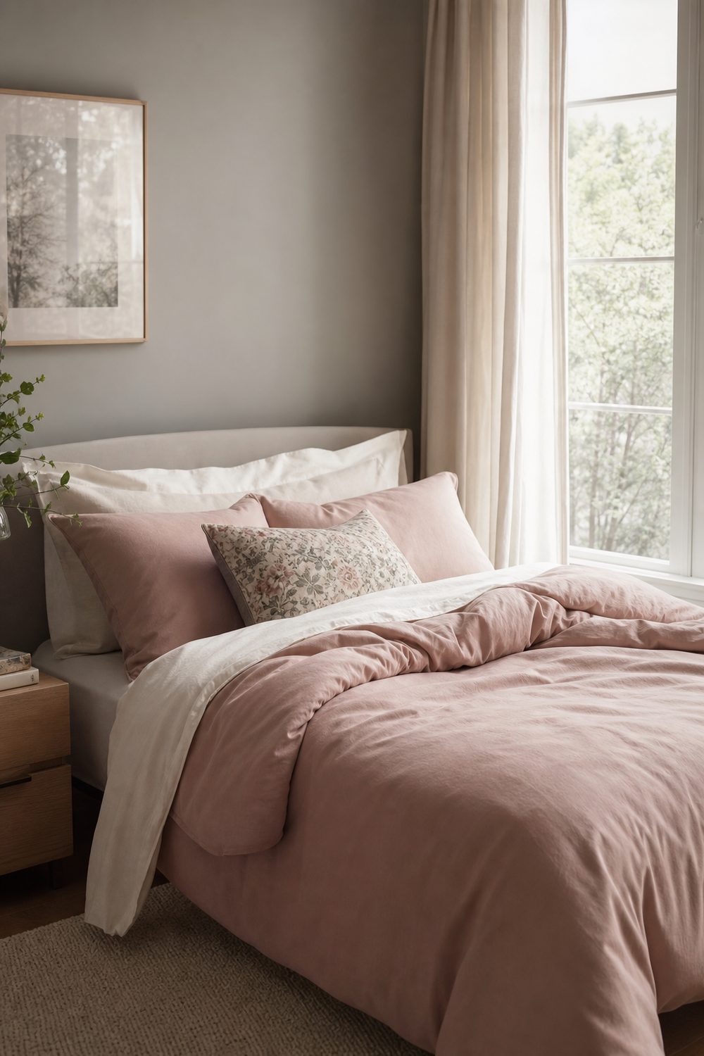 Pink dorm bedding with a dusty rose duvet, ivory sheets, and a muted floral pillow in soft natural light