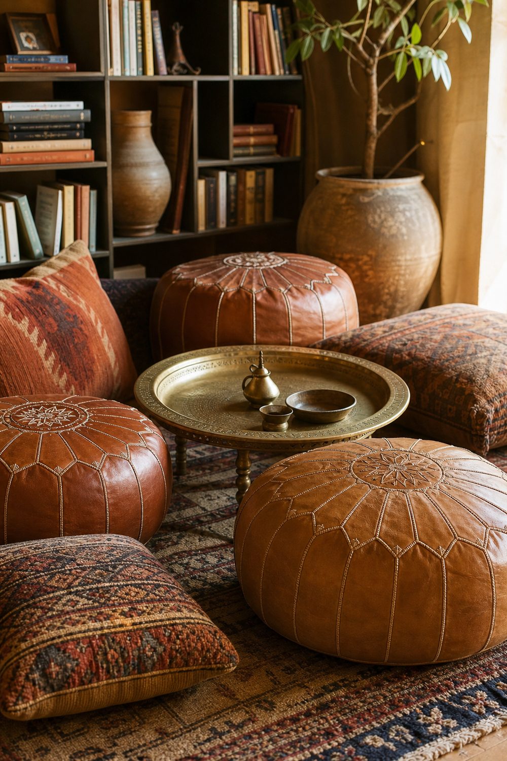 Tan leather and woven Moroccan poufs and floor cushions gathered around a low round brass tray table on a patterned rug