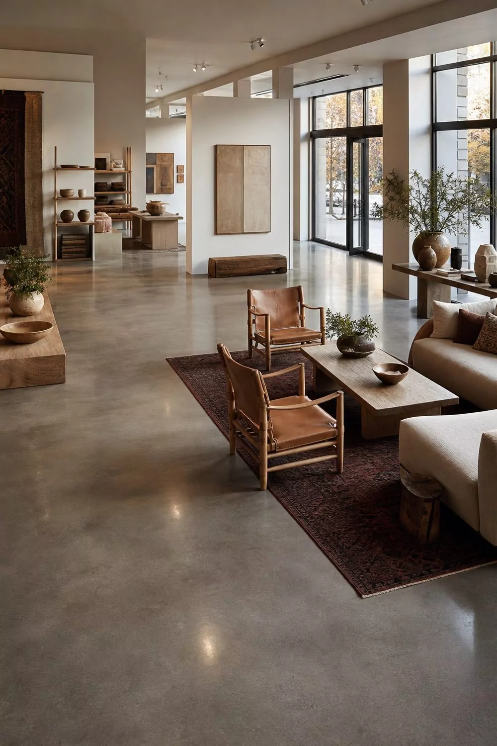 Showroom with smooth polished concrete flooring reflecting soft light, clean modern displays and rolling furniture on a durable gray floor