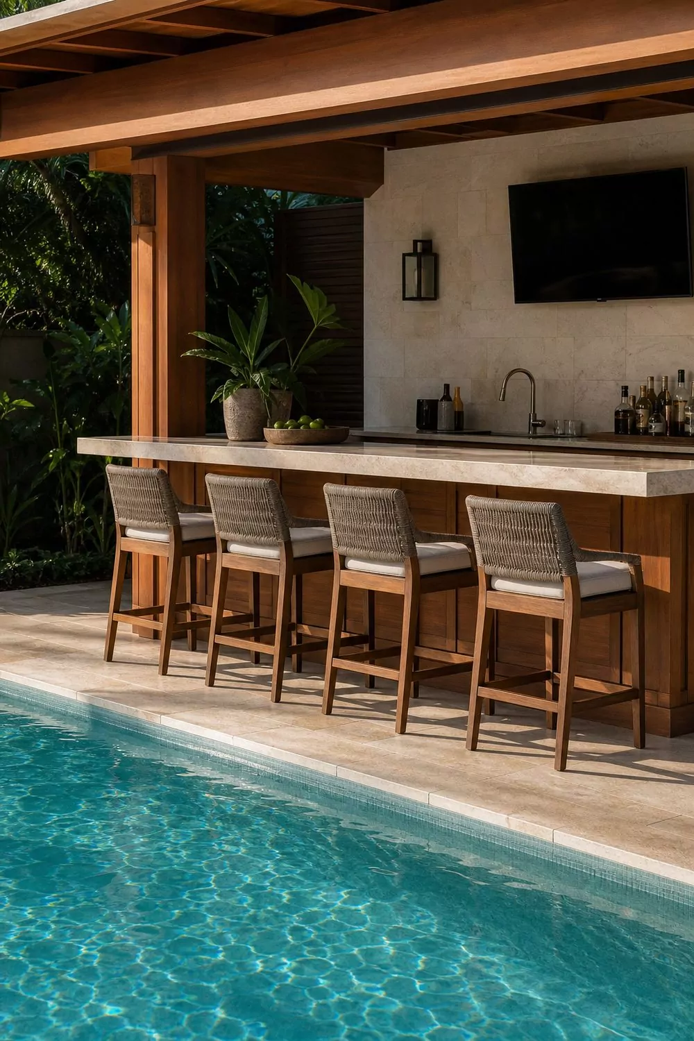 Poolside backyard cabana bar with a pale stone slab counter, wood overhang, and four cushioned bar stools beside a turquoise pool