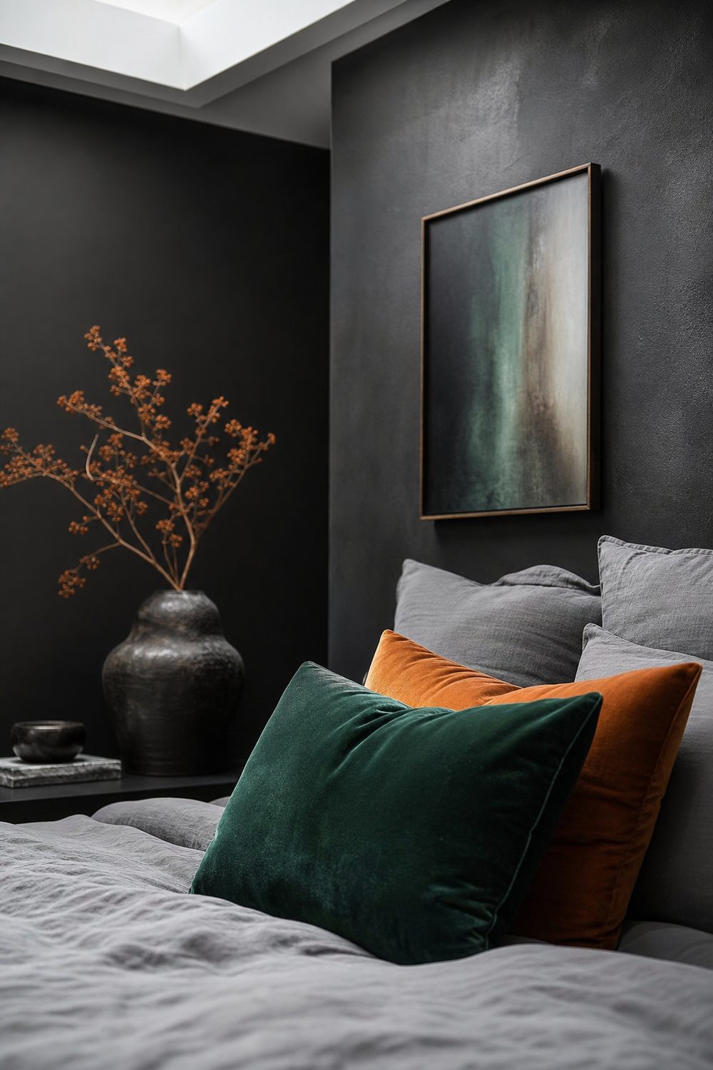 Deep emerald and amber accent pillows on grey bedding in a black and grey bedroom, single jewel tone pop of color
