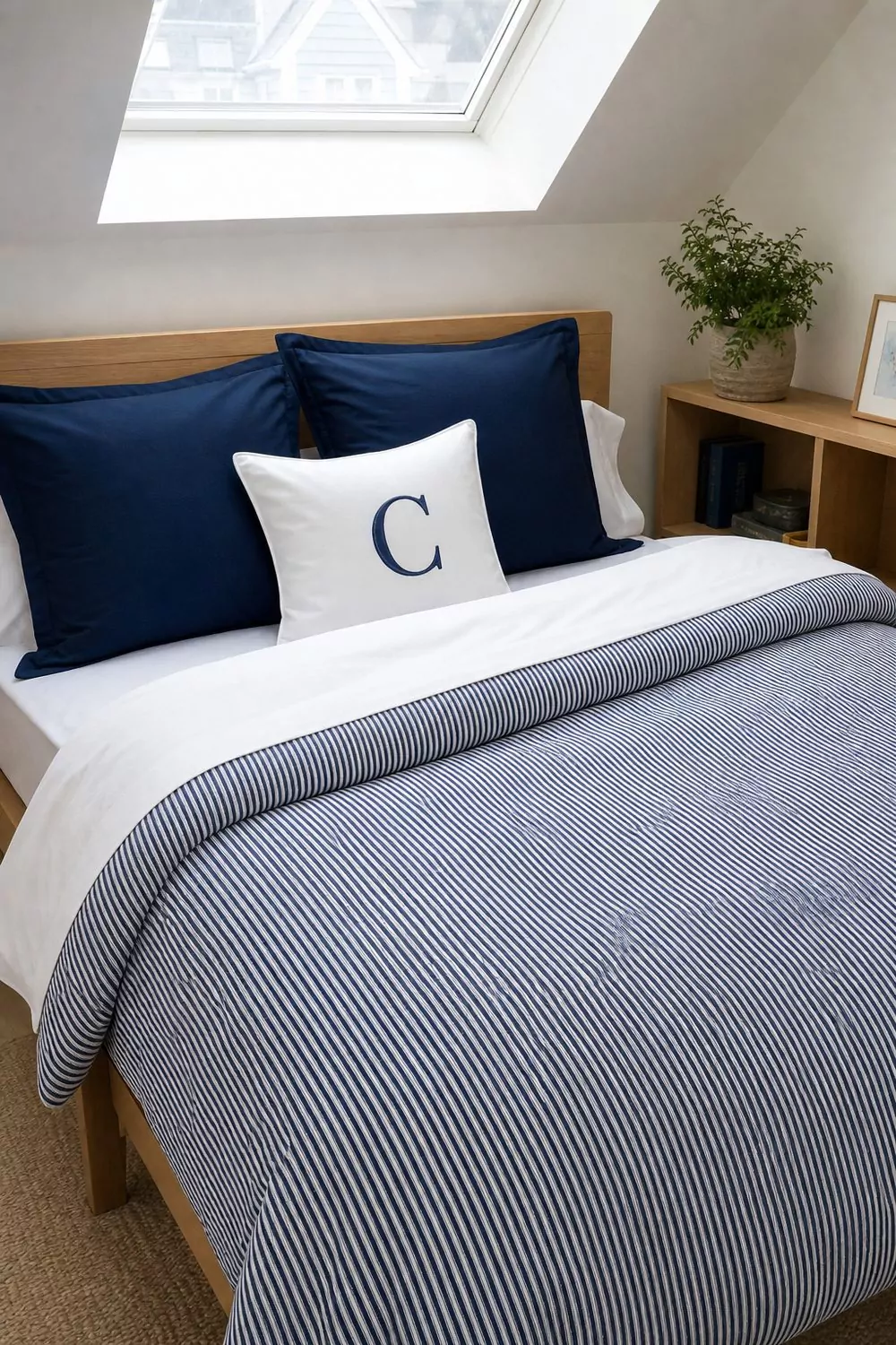 Preppy dorm bed with a navy and white ticking stripe duvet, white sheets, and structured navy shams