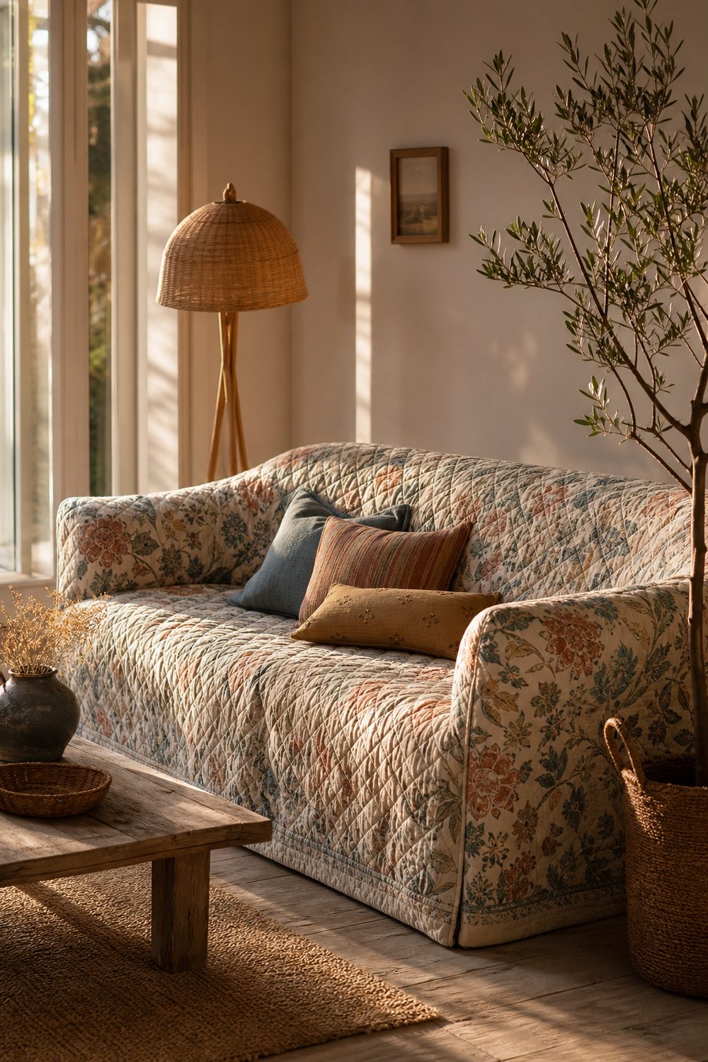 Quilted floral boho couch cover in faded rust, sage, indigo and mustard botanicals with rattan floor lamp