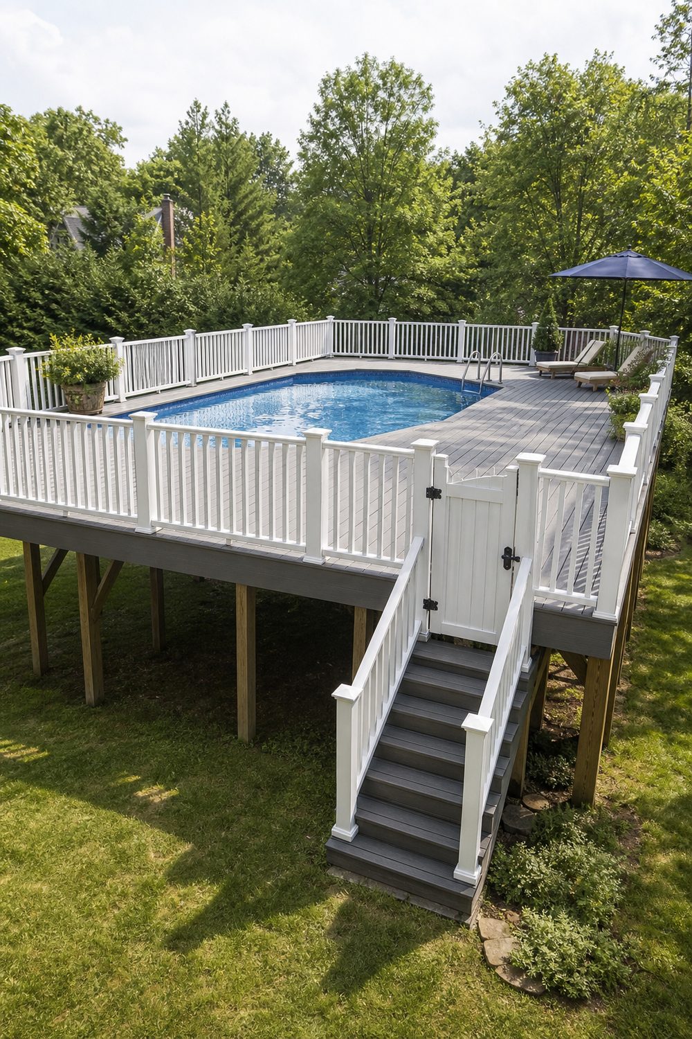 Raised above ground pool deck with a white safety railing all around and a gated stair entry