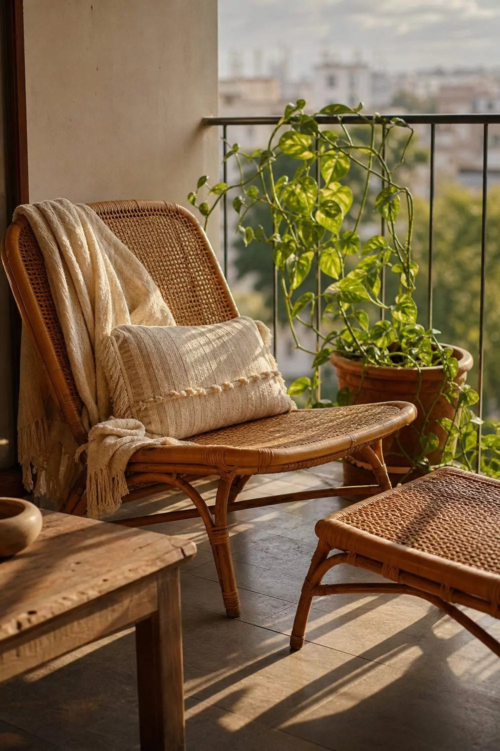 Low honey-toned rattan lounge chair with cream throw and fringed pillow on a boho balcony against a railing with a city view
