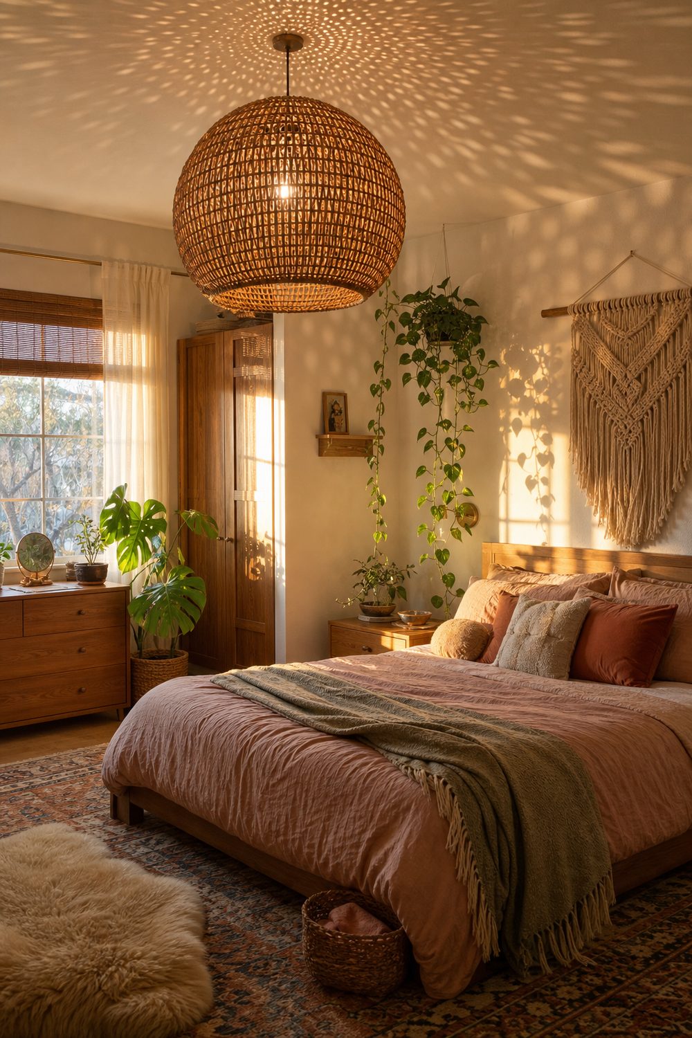 Woven rattan globe chandelier casting patterned shadows in a boho bedroom with layered textiles, plants and mixed woods
