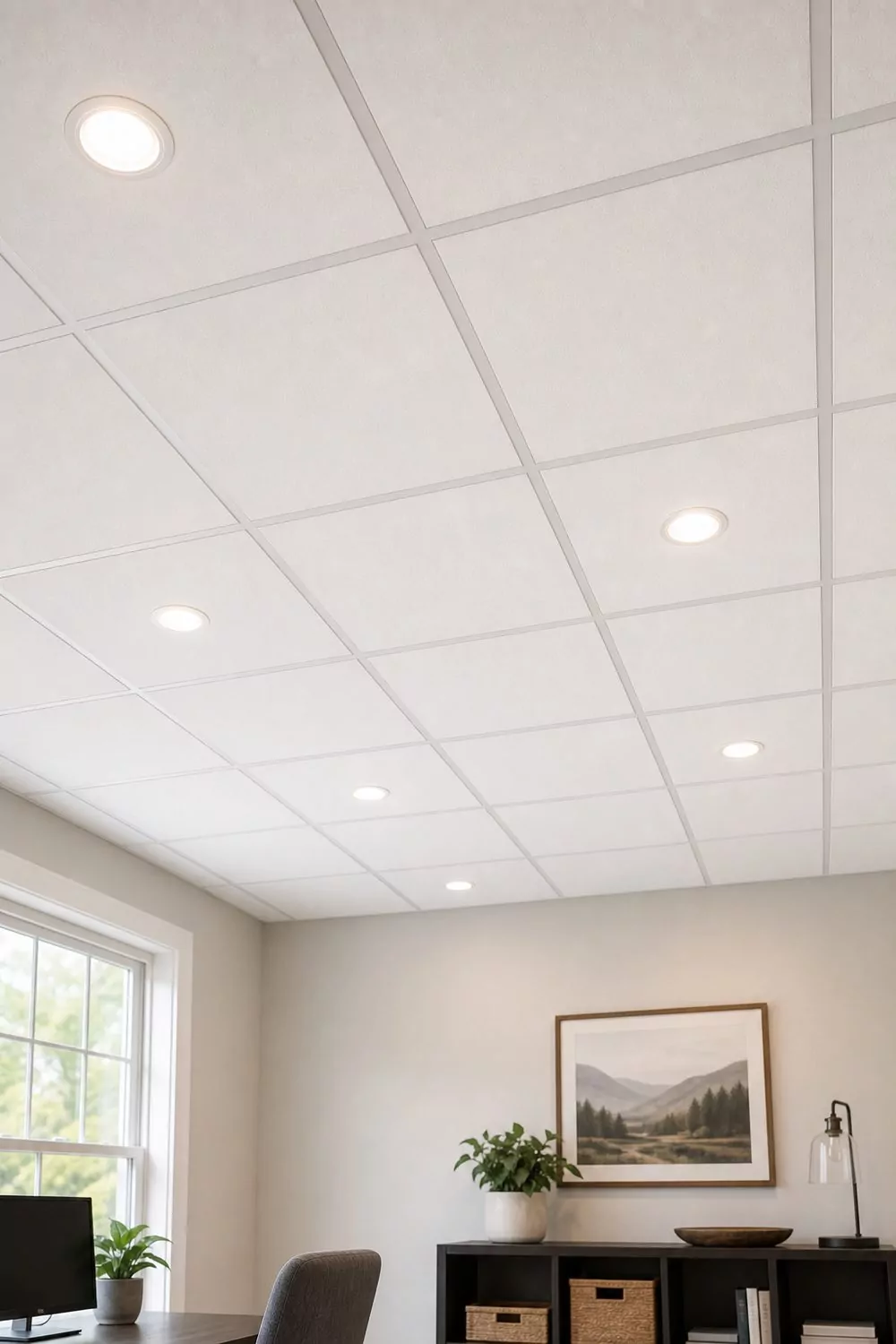 White drop ceiling grid in a home office with evenly spaced flush LED recessed lights and tidy tile alignment