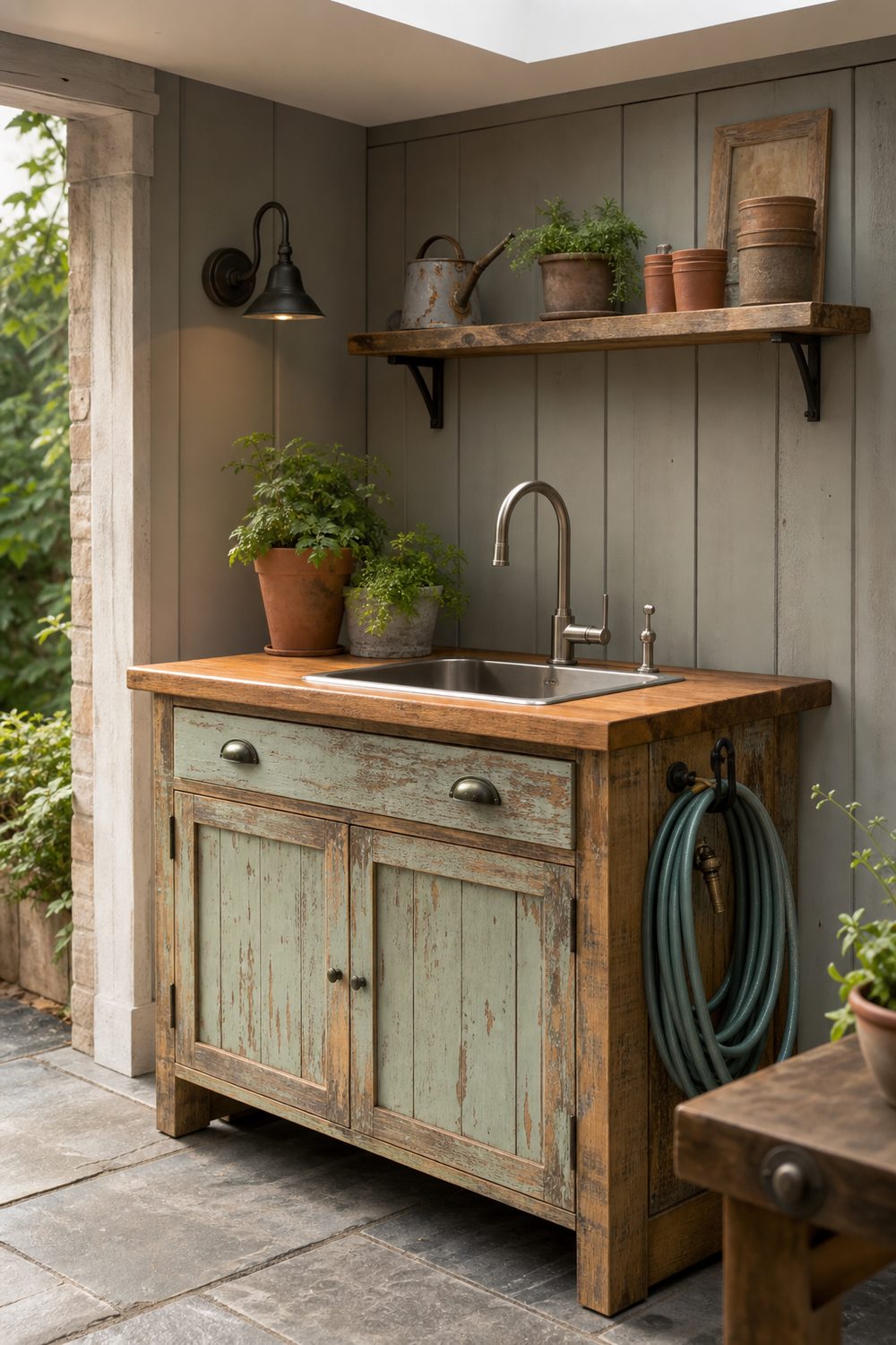Reclaimed wood cabinet outdoor sink unit with weathered painted doors and a stainless basin on a covered patio