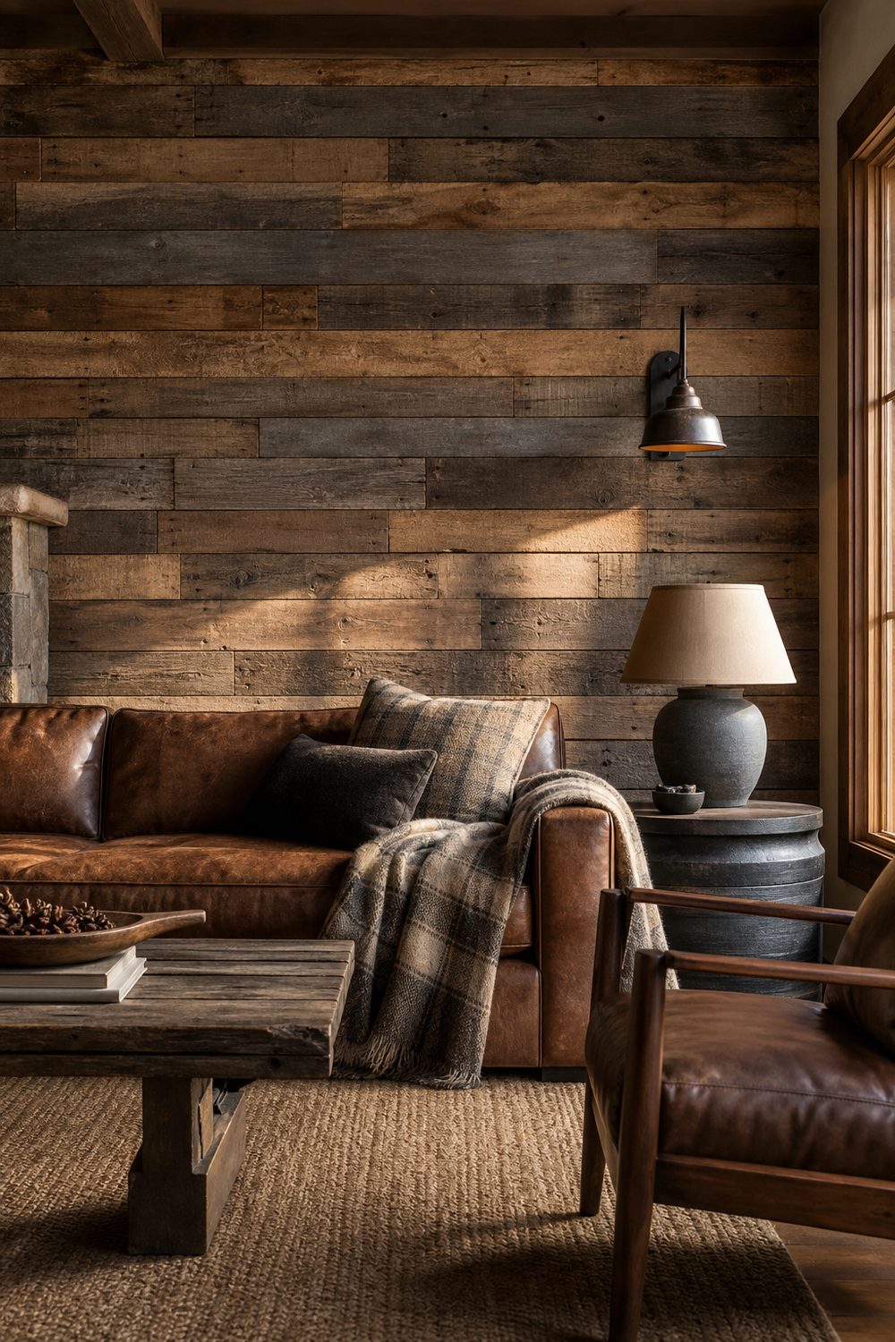 Reclaimed wood pallet accent wall in mixed weathered browns and grays in a rustic den, leather sofa, iron sconce, warm light