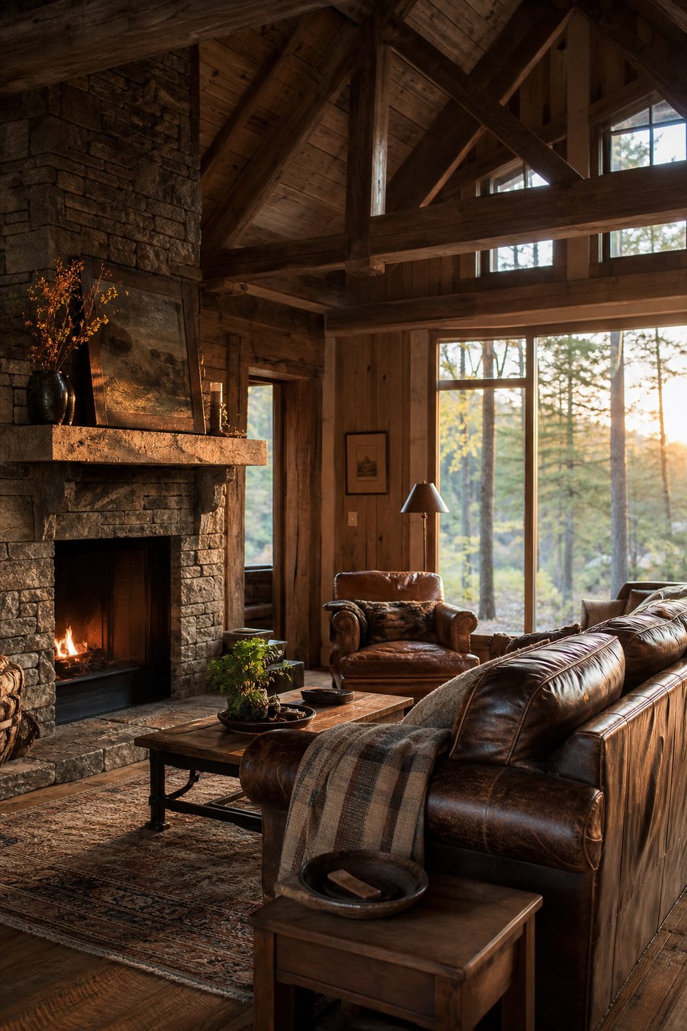 Rustic Cabin style living room with stacked stone and timber beams, editorial interior photography