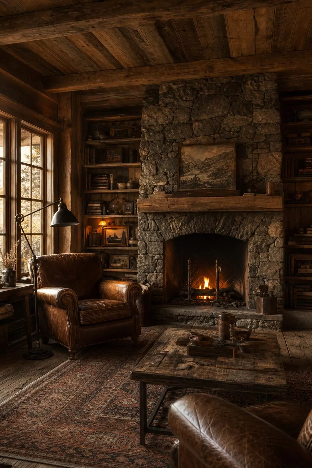 Rustic cabin style man cave with reclaimed wood shelves, brown leather chair, stone fireplace and iron lamp in warm golden hour light