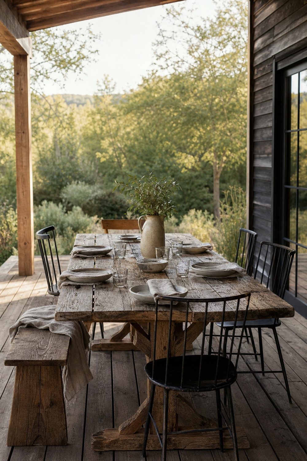 Rustic reclaimed-wood trestle dining table with mixed chairs and a bench on a farmhouse deck