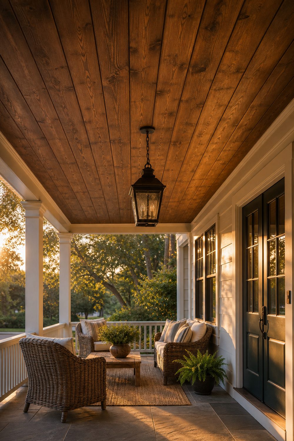 Covered porch with wide stained cedar plank ceiling, medium walnut tone, hanging lantern, wicker seating, golden hour light