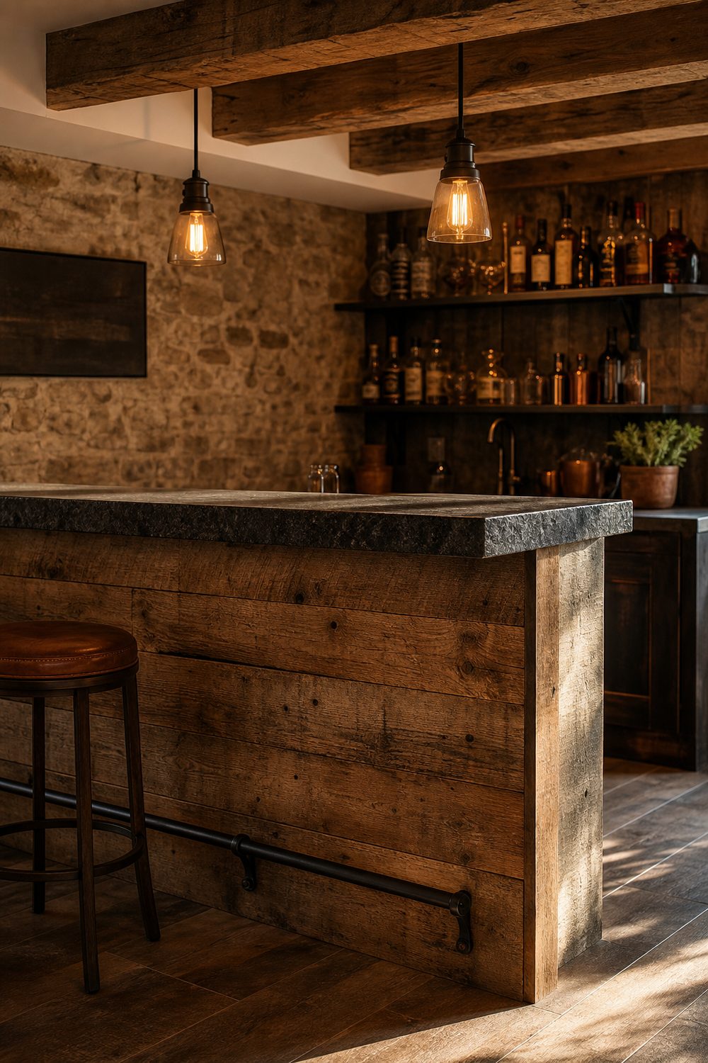 Rustic basement bar with reclaimed rough-sawn oak front, blackened steel foot rail and honed granite top