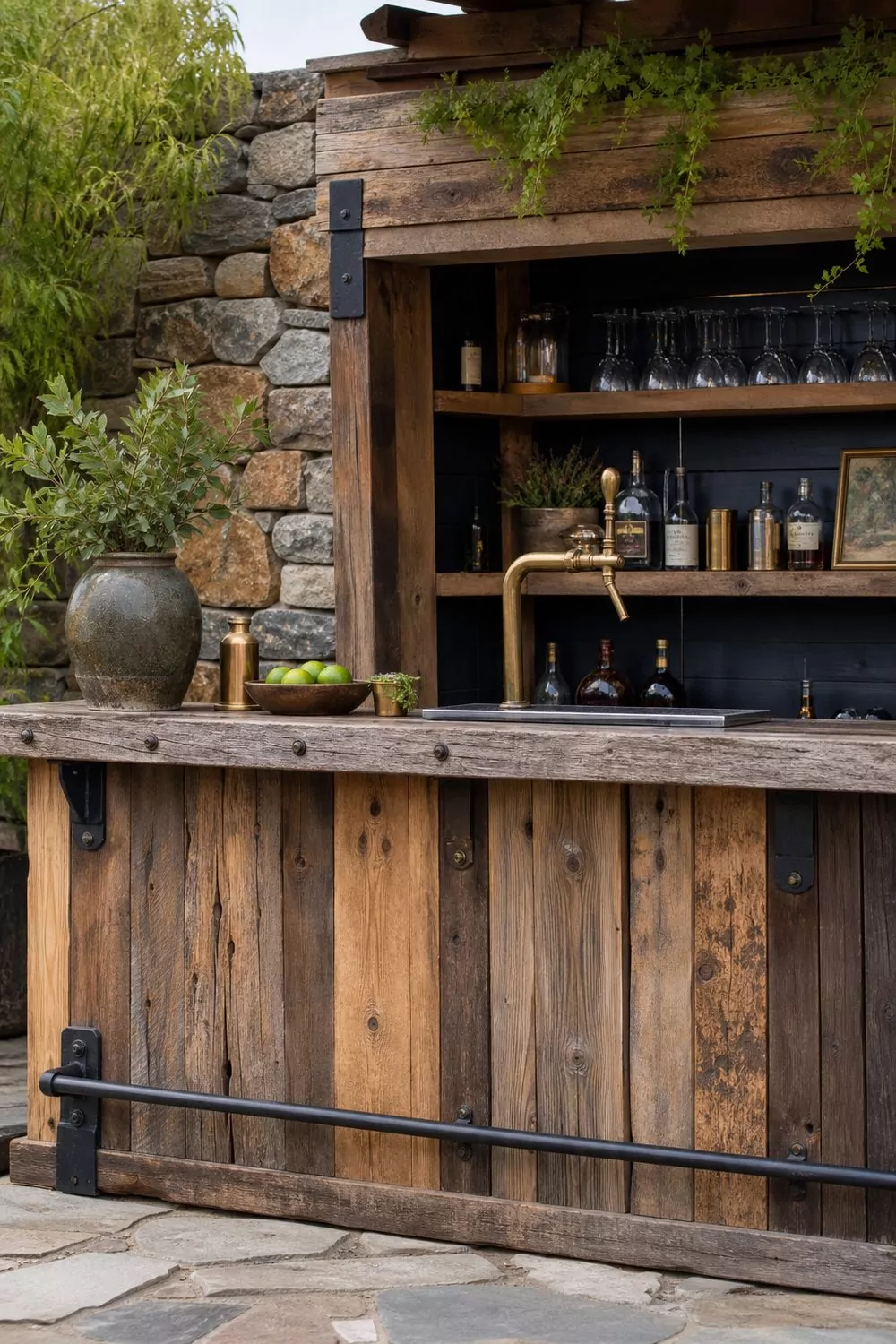 Rustic backyard cabana bar clad in reclaimed barn wood with black metal accents, an aged brass tap, and a natural stone wall behind