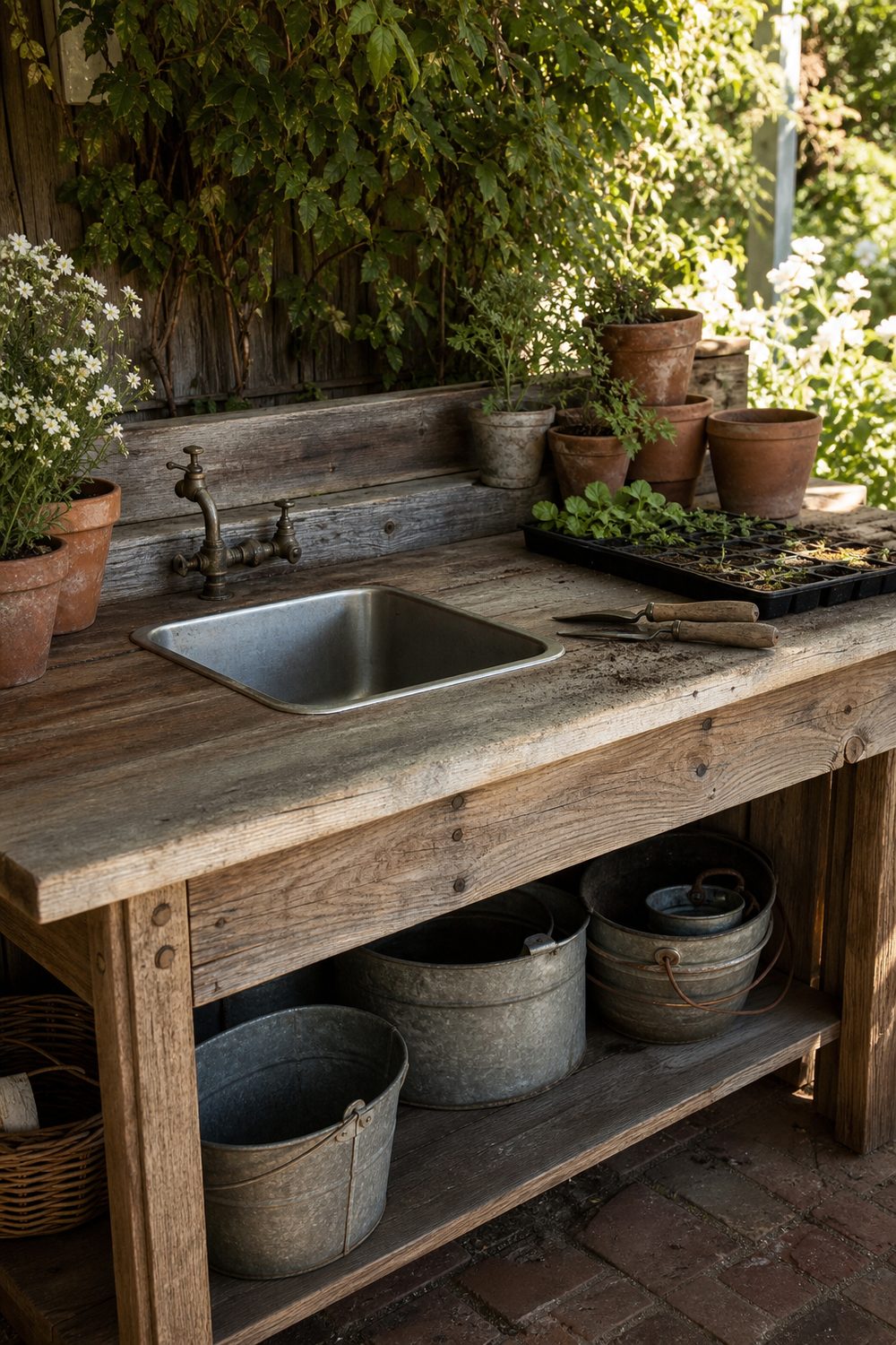Rustic cedar potting bench with a recessed stainless sink, terracotta pots and galvanized buckets in a sunny garden corner