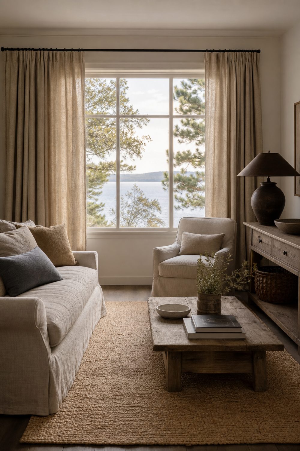 Sandy flax colored coastal linen drapes framing a lake view window in a calm living room with a jute rug, slipcovered sofa, and bronze lamp