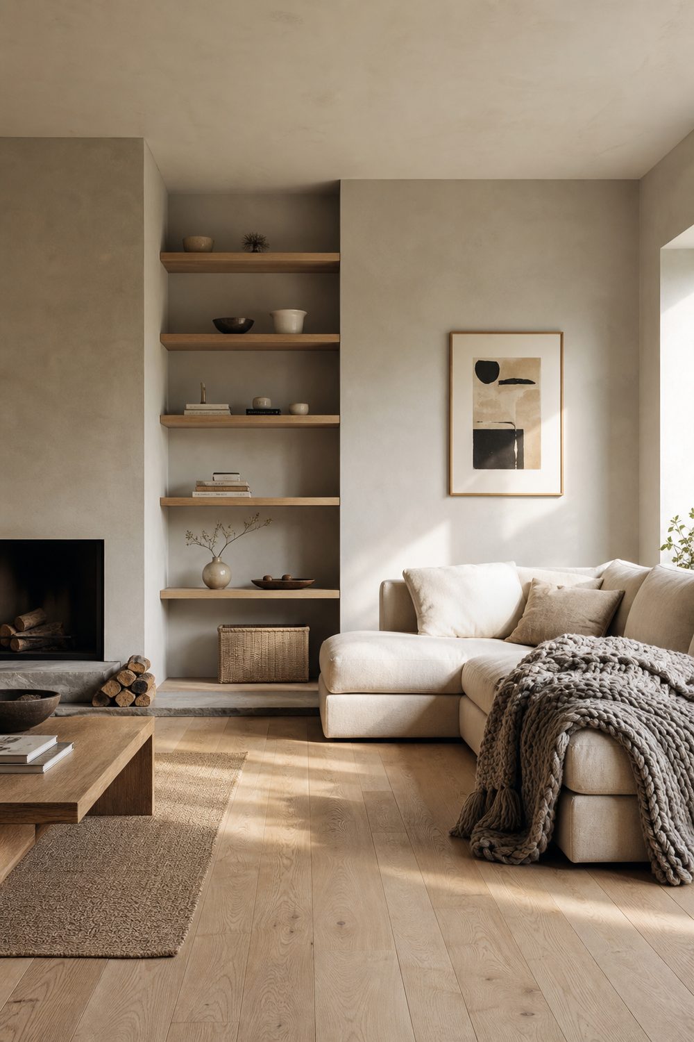 Scandinavian style living room with light oak and soft wool, editorial interior photography