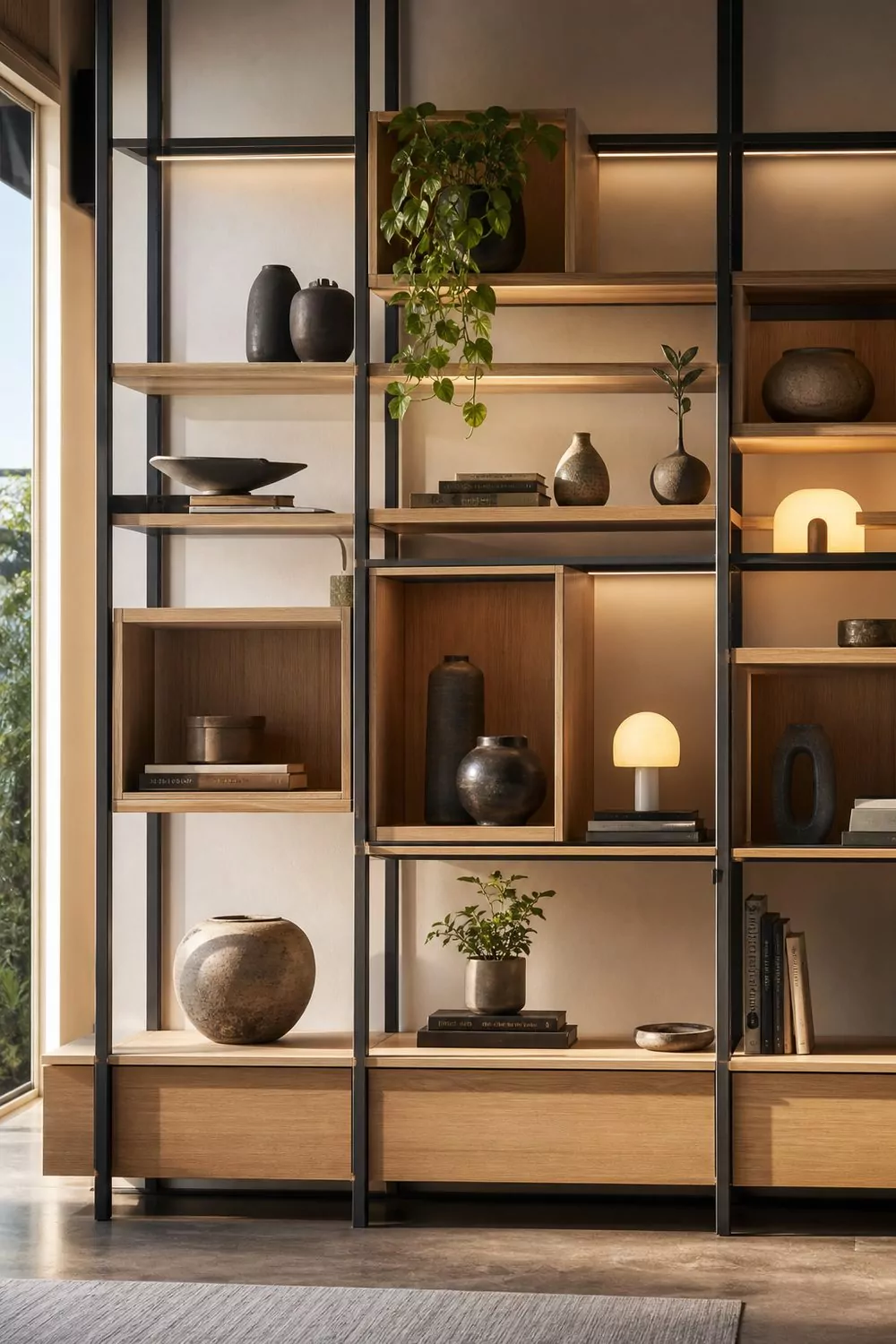 Showroom wall of sculptural modular display shelving in pale oak and black steel, styled with objects in odd-numbered groupings