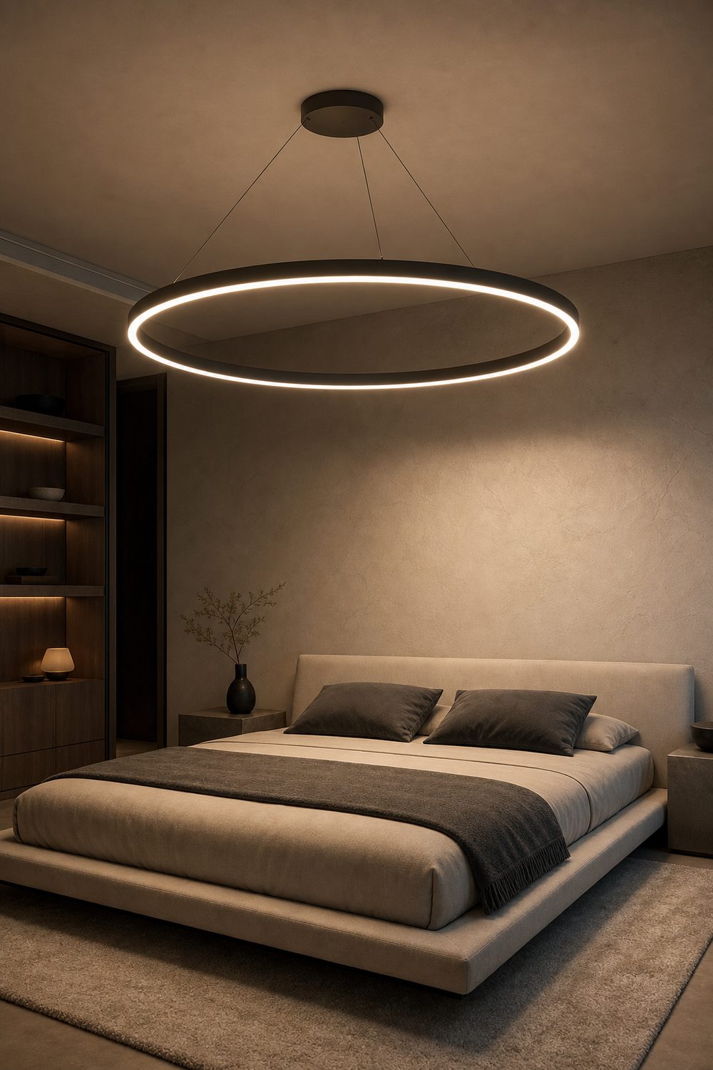 Modern sculptural ring LED chandelier with a thin glowing band in a contemporary bedroom with low ceiling and clean lines
