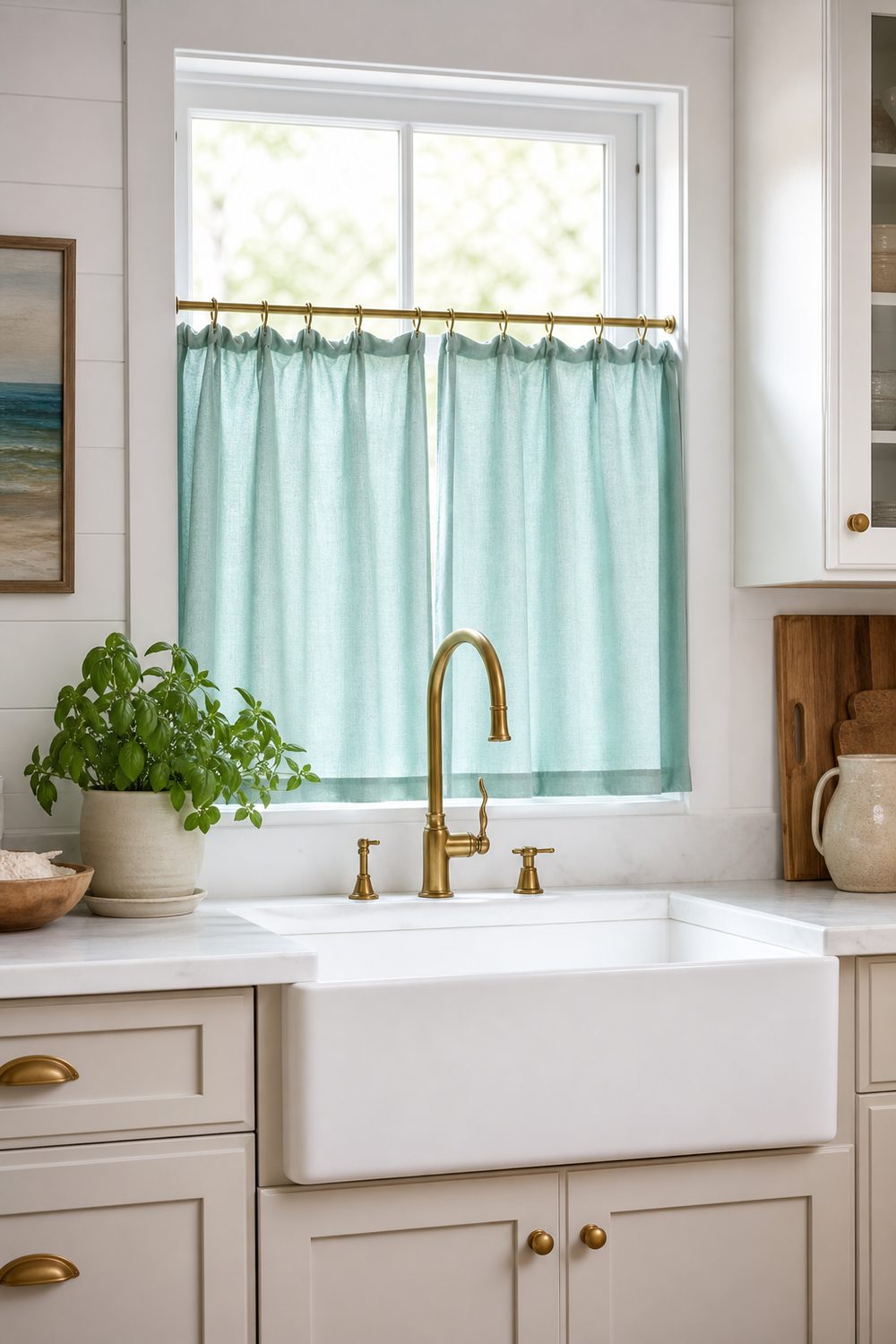 Seafoam green coastal kitchen cafe curtains on a sink window with white shaker cabinets, a farmhouse sink, and a brass faucet