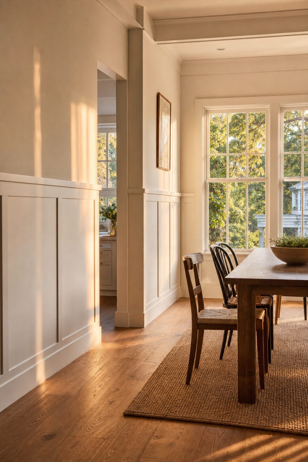 Shaker style Craftsman wainscoting in soft warm white in a bright dining area with clean recessed panels and minimal trim