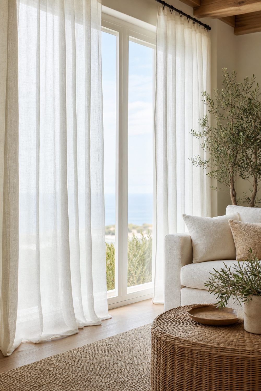 Floor length sheer white coastal curtains glowing with daylight in a sunny living room with a linen sofa and rattan coffee table