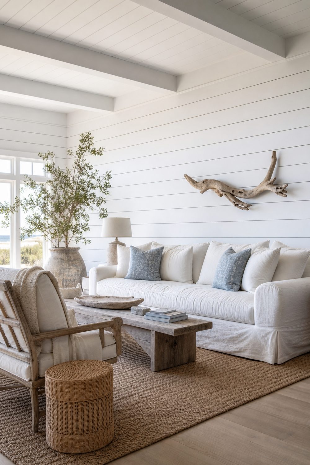 White horizontal shiplap accent wall in a coastal farmhouse living room, slipcovered sofa, jute rug, airy morning light