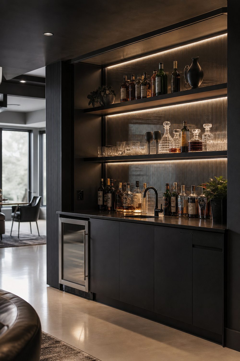 Sleek matte black basement bar with backlit smoked-glass shelving and a soft glow behind the bottles