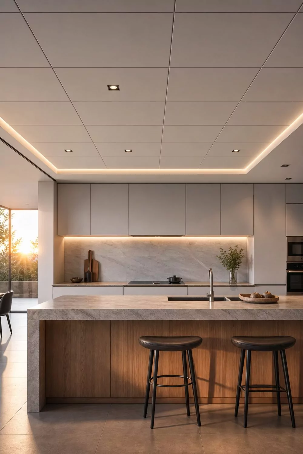 Sleek modern kitchen with a clean-lined drop ceiling, flush panels, recessed lights, and handleless cabinetry